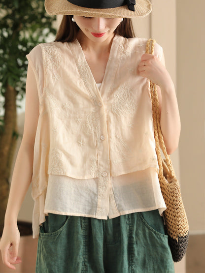 Women Summer Ethnic Embroidery Button-up Spliced Ramie Vest