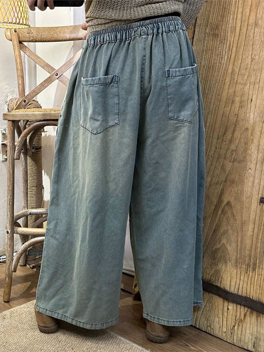 Women Summer Retro Spliced Denim Wide-leg Pants