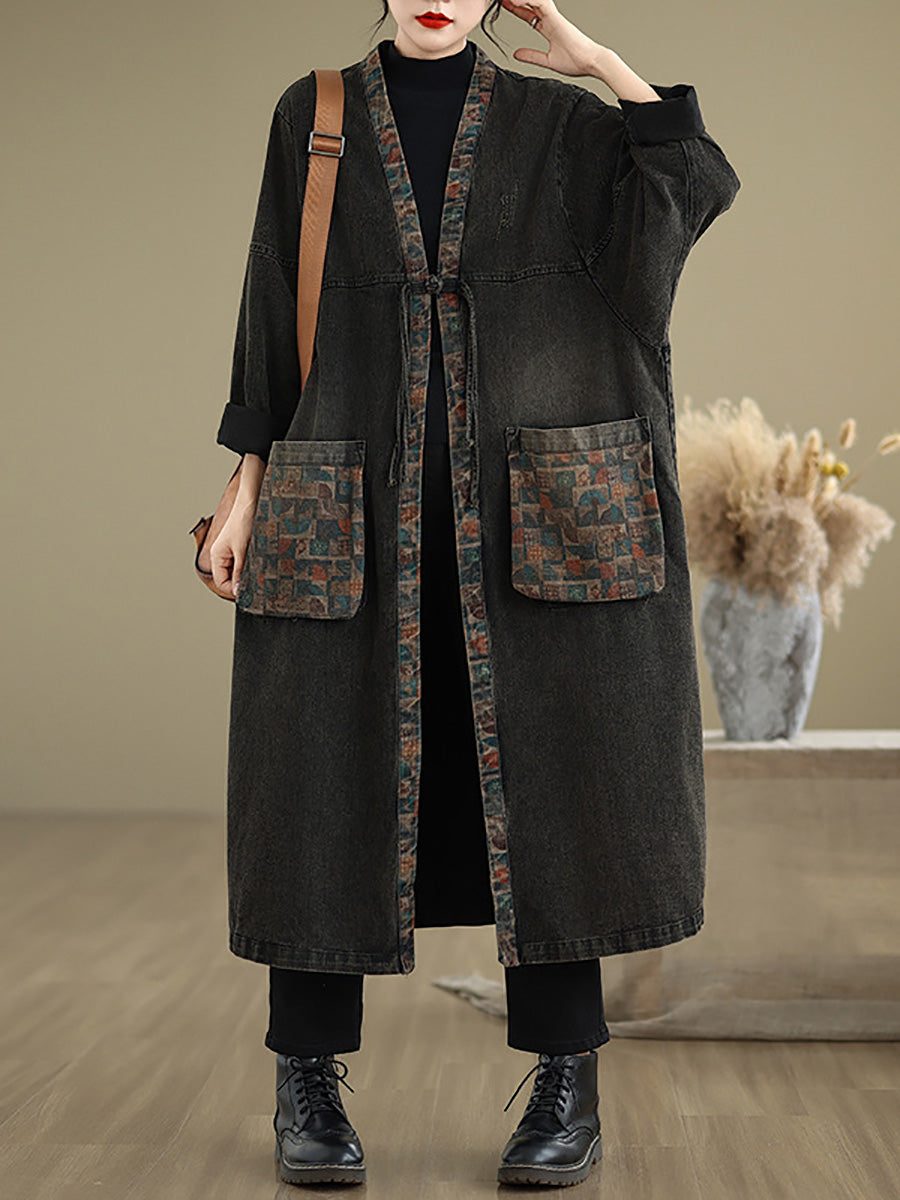 Women Autumn Worn Patch Colorblock Denim Coat