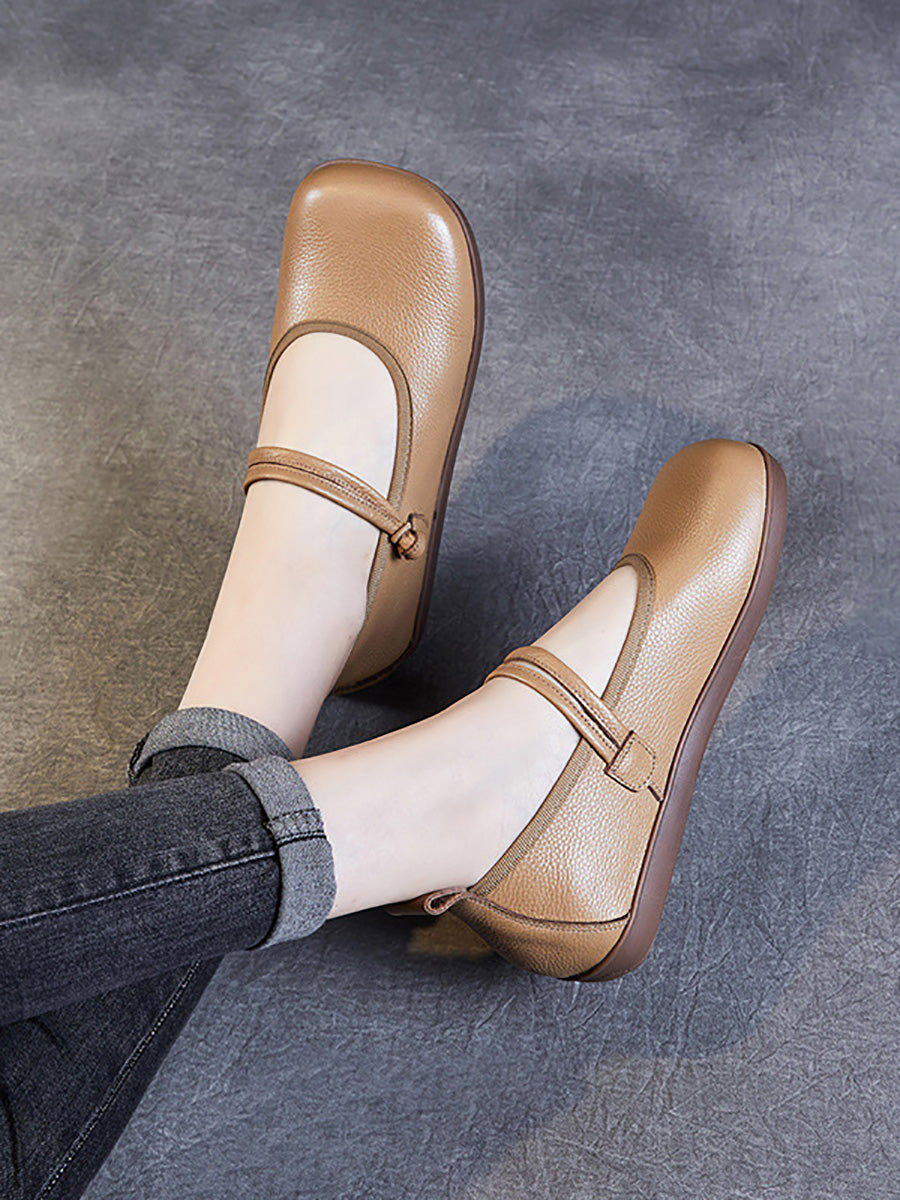 Women Casual Solid Leather Square Toe Flat Shoes