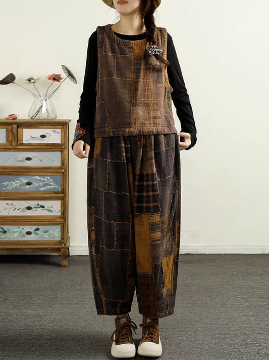 Women Autumn Plaid Spliced Cotton Harem Pants