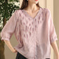 Women Summer Artsy Embroidery V-Neck Ramie Shirt