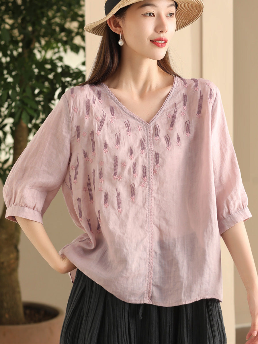 Women Summer Artsy Embroidery V-Neck Ramie Shirt