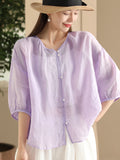 Women Summer Vintage Solid Button O-Neck Thin Ramie Shirt