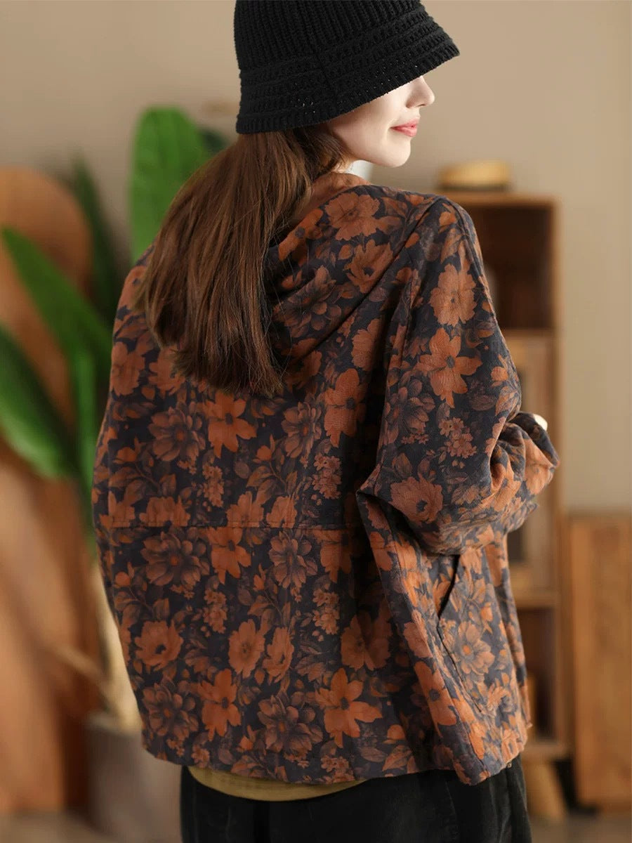 Women Vintage Autumn Flower Button Cotton Linen Hooded Coat