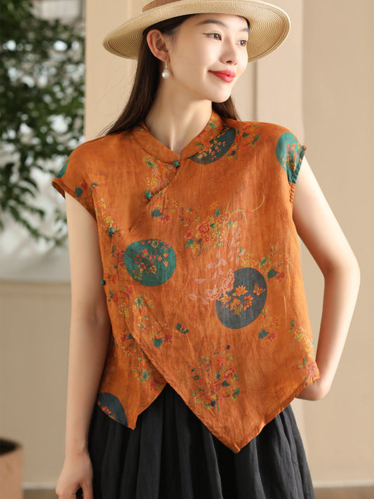 Women Ethnic Summer Thin Flower Spliced Ramie Shirt