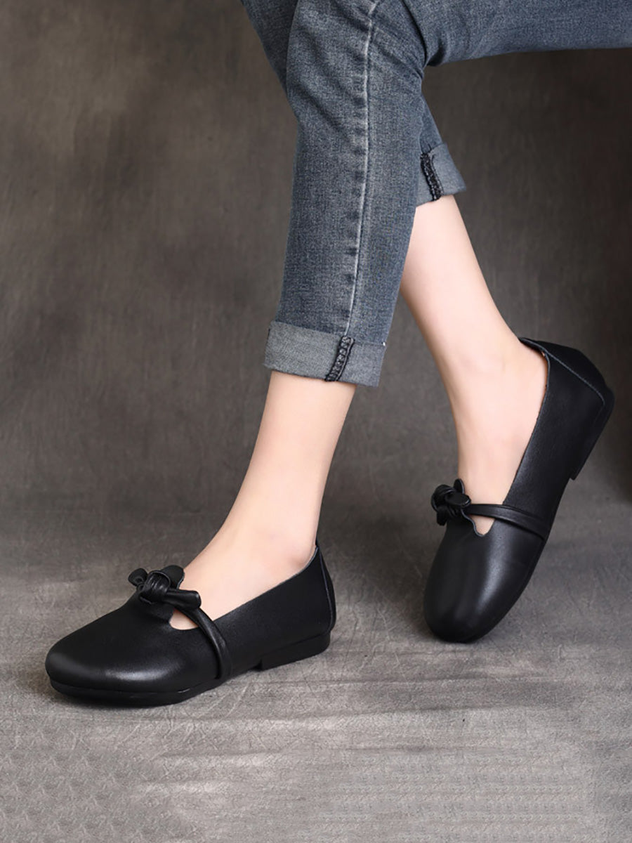 Women Summer Ethnic Solid Bowknot Leather Flat Shoes