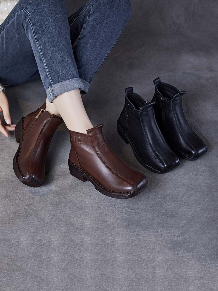 Women Autumn Genuine Leather Spliced Mid-Heel Boots