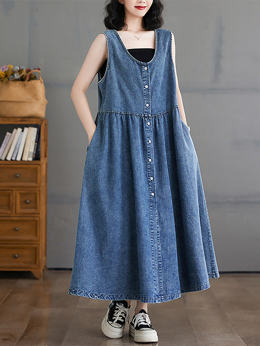 Women Casual Summer Denim A-Shape Loose Vest Dress