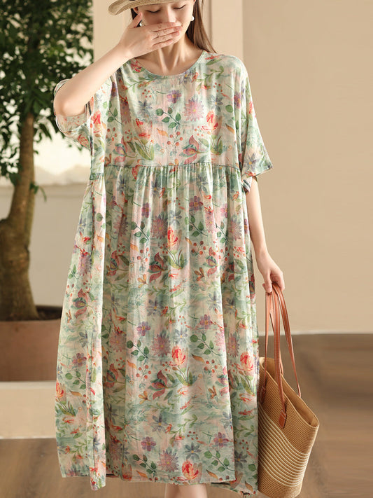 Women Summer Artsy Floral O-Neck Linen Loose Dress