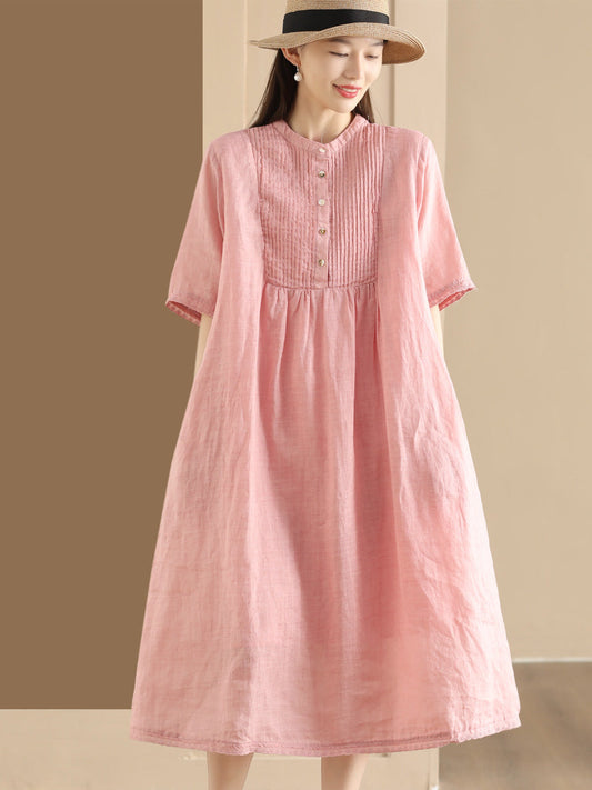 Women Summer Casual Solid Shirred Button Linen Dress