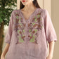 Women Summer Vintage Flower Embroidery Lace Ramie Shirt