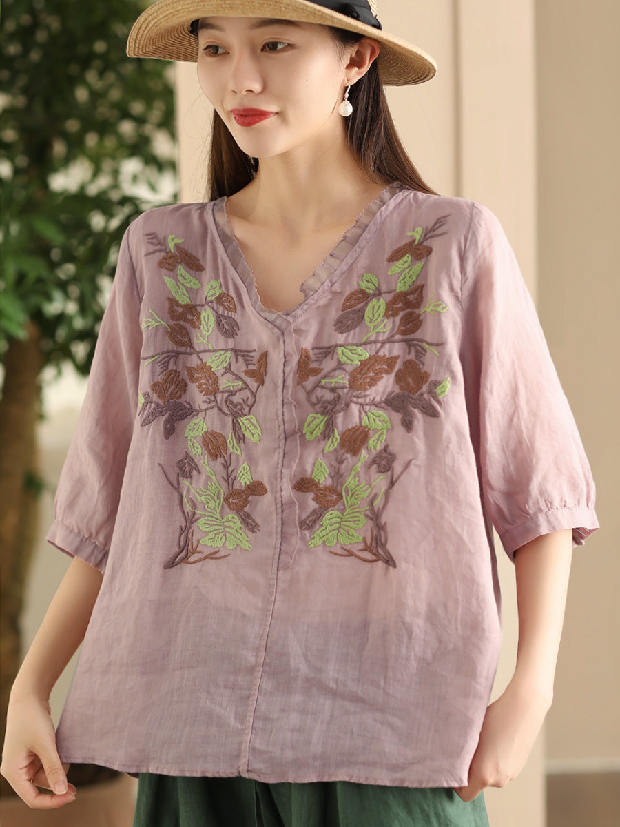 Women Summer Vintage Flower Embroidery Lace Ramie Shirt