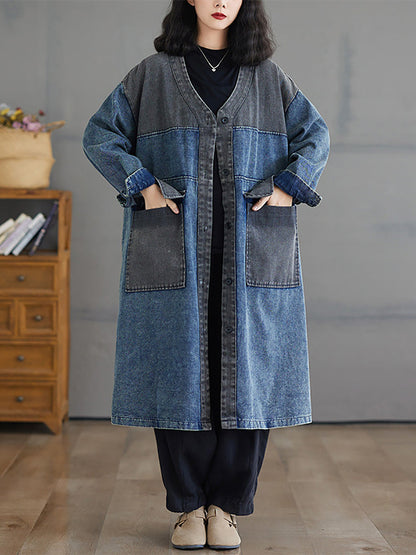 Women Autumn Worn Colorblock Denim Long Coat