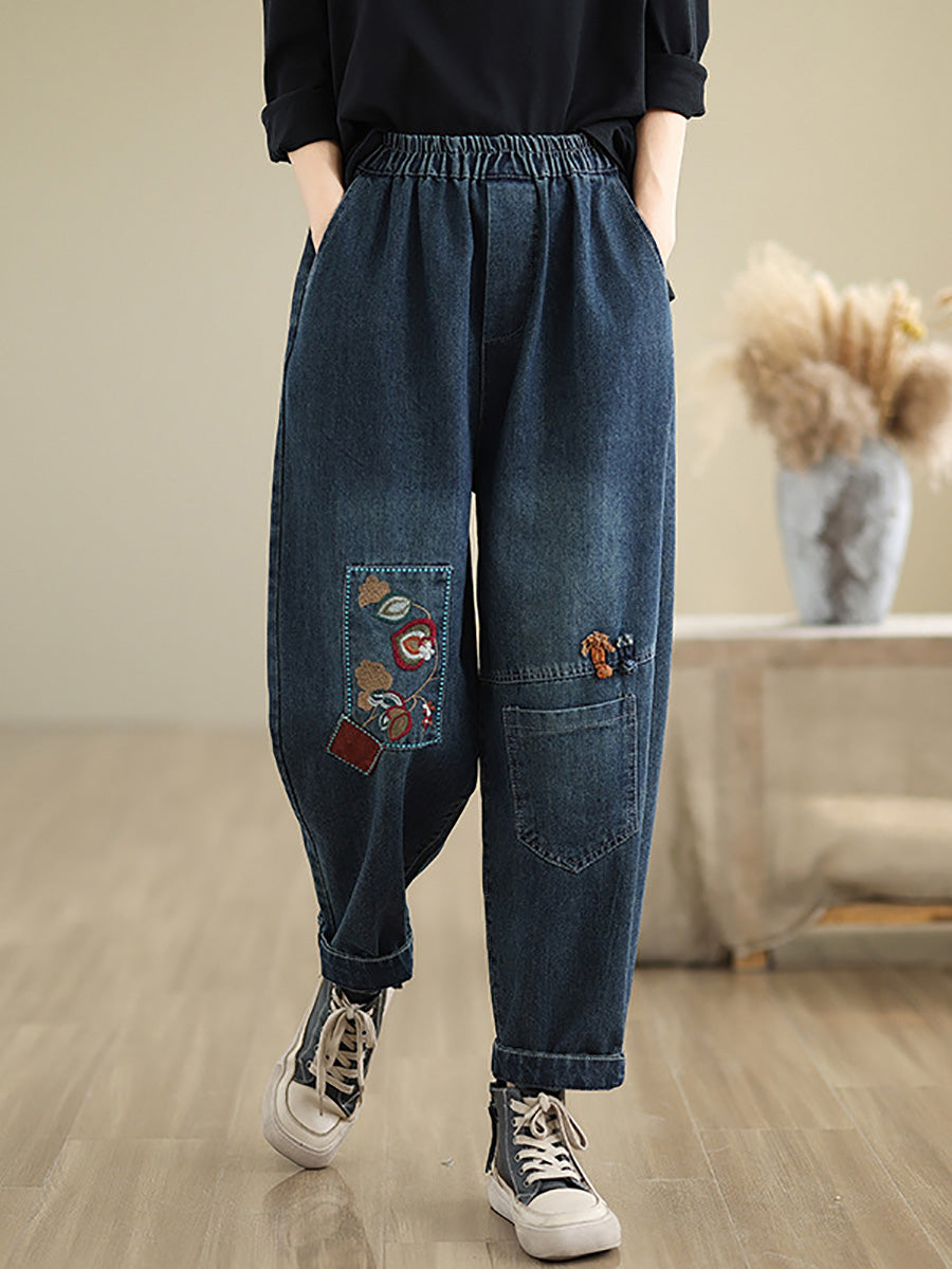 Women Autumn Artsy Embroidery Denim Harem Pants