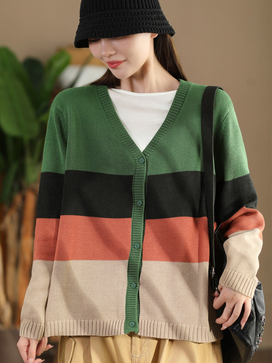 Women Autumn Colorblock V-Neck Knit Sweater