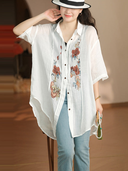 Women Summer Artsy Flower Shirred Button-up Ramie Shirt