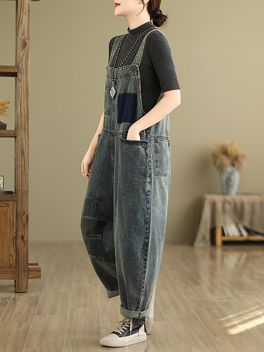 Women Retro Patchwork Loose Washed Denim Jumpsuits