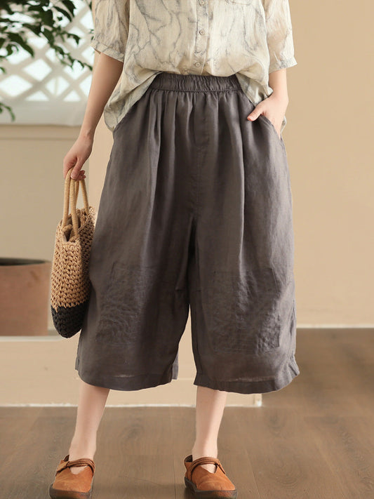 Women Summer Vintage Solid Loose Wide-leg Linen Pants