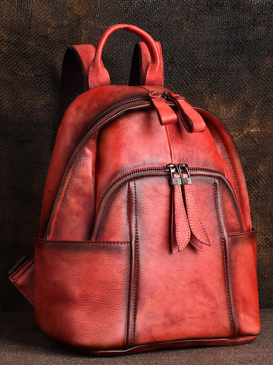 Women Retro Leather Zipper Large Capacity Backpack