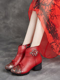 Women Ethnic Autumn Flower Spliced Leather Mid-Heel Boots