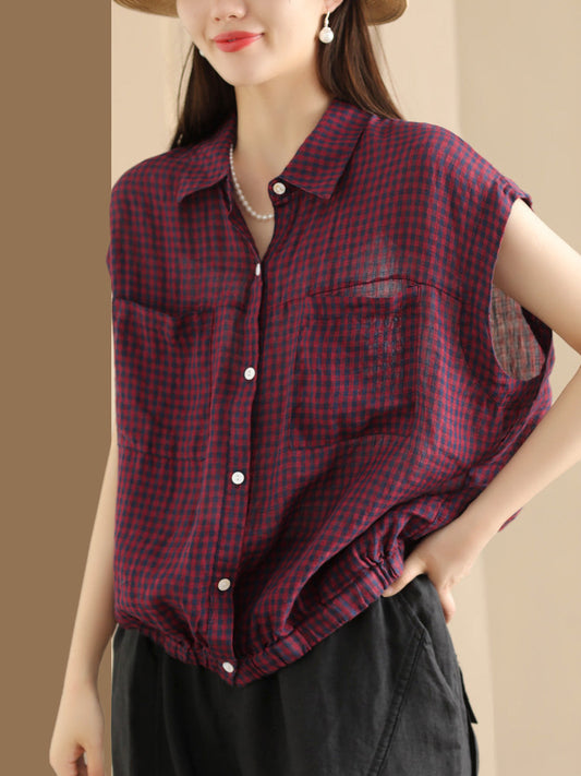 Women Summer Casual Plaid Button-up Linen Shirt