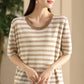 Women Casual Summer Srtipe O-Neck Linen Shirt