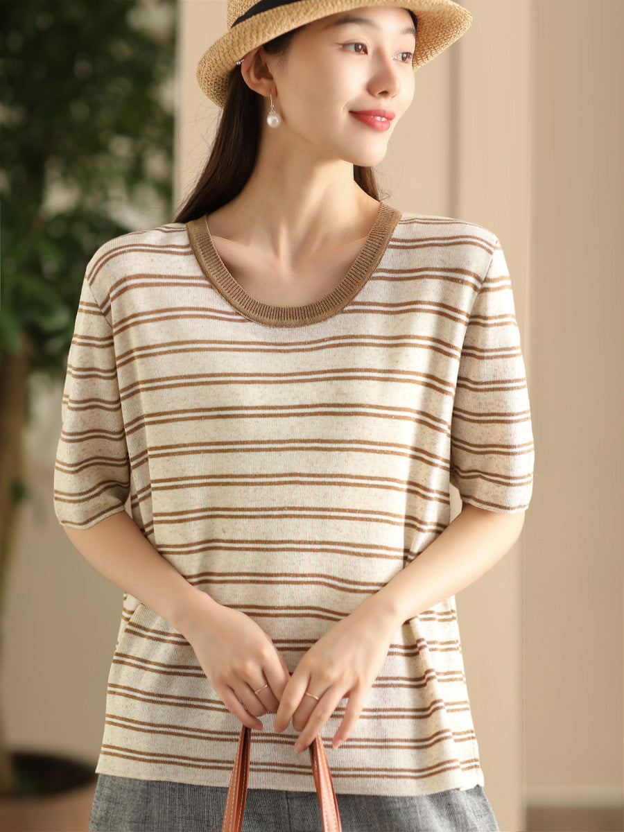 Women Casual Summer Srtipe O-Neck Linen Shirt