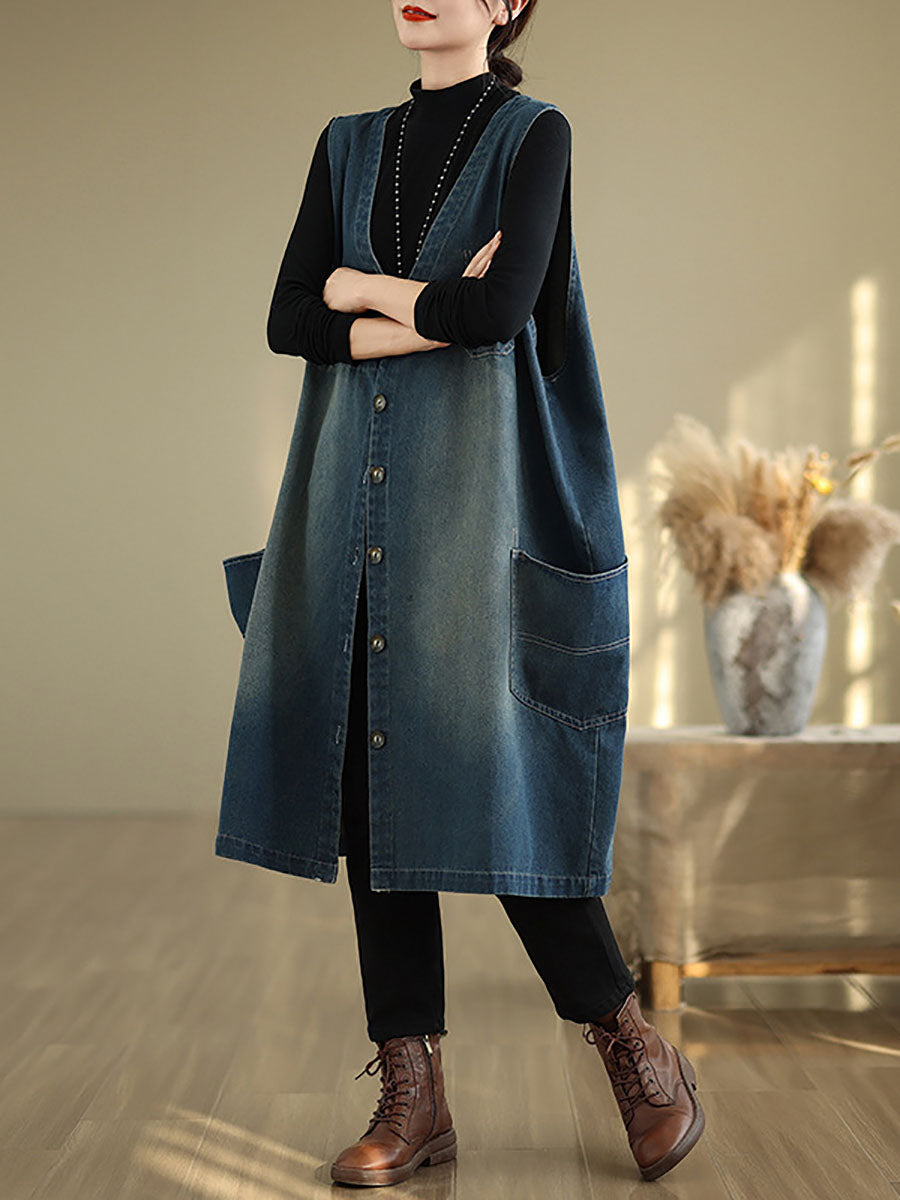 Women Casual Summer Spliced V-Neck Button-up Denim Vest Coat