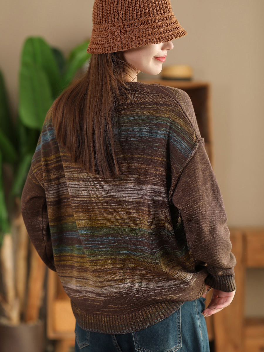 Women Autumn Artsy Colorful Knit V-Neck Cardigan Sweater