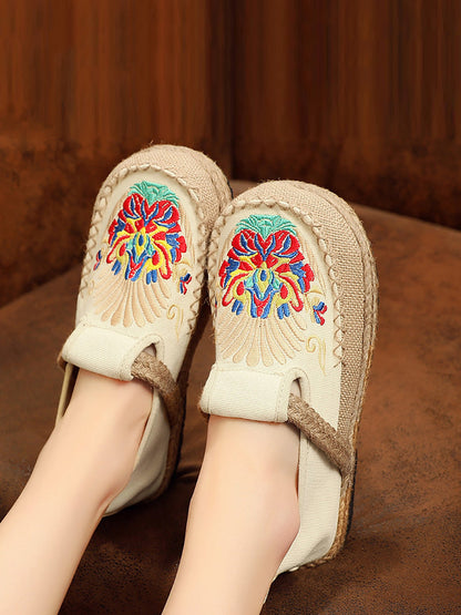 Women Summer Ethnic Embroidery Cloth Linen Flat Shoes