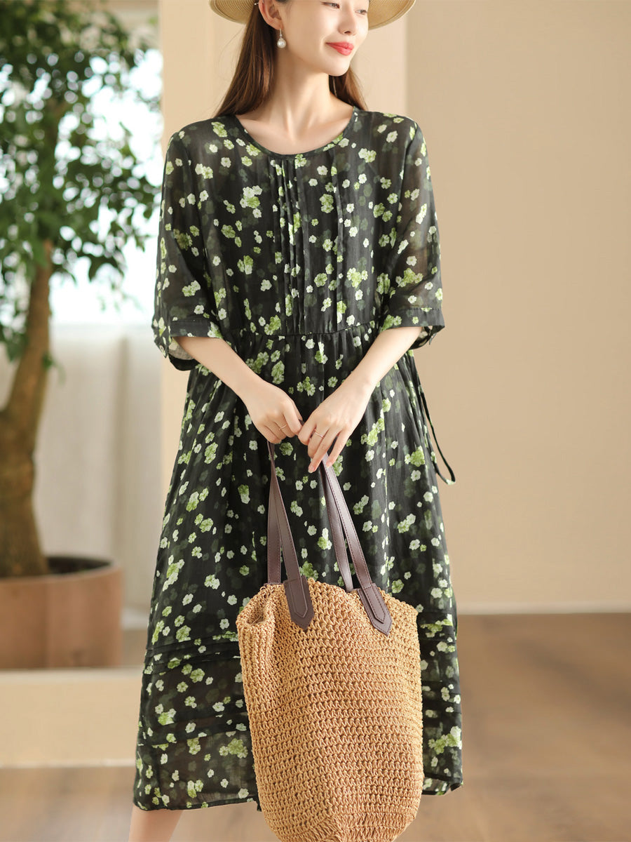 Women Summer Artsy Floral O-Neck Shirred Ramie Dress