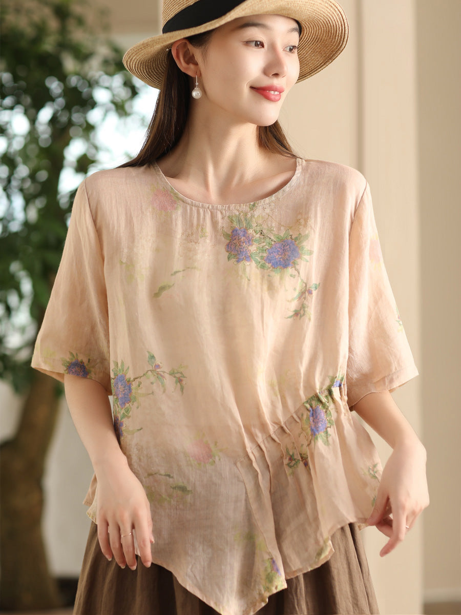 Women Summer Artsy Floral Shirred Ramie Shirt