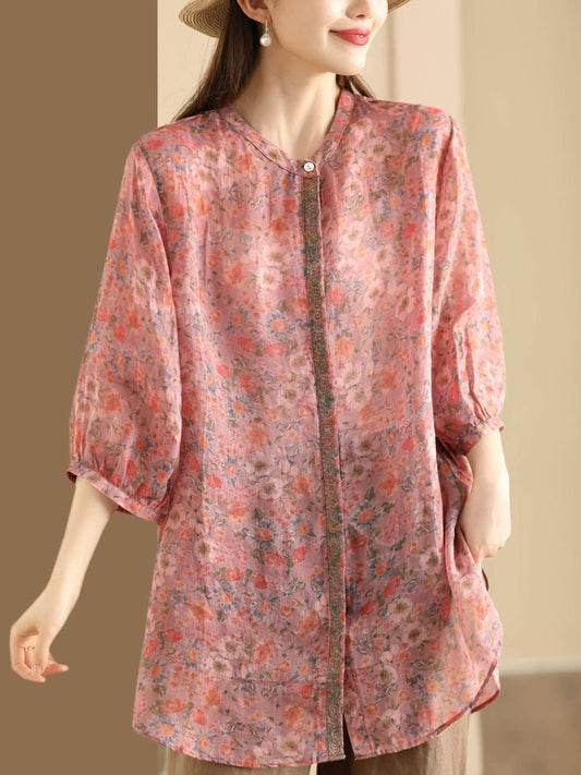 Women Summer Artsy Floral Button-up Ramie Shirt