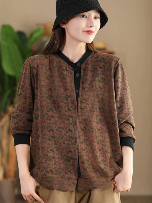 Women Vintage Flower Colorblock Button Cotton Coat