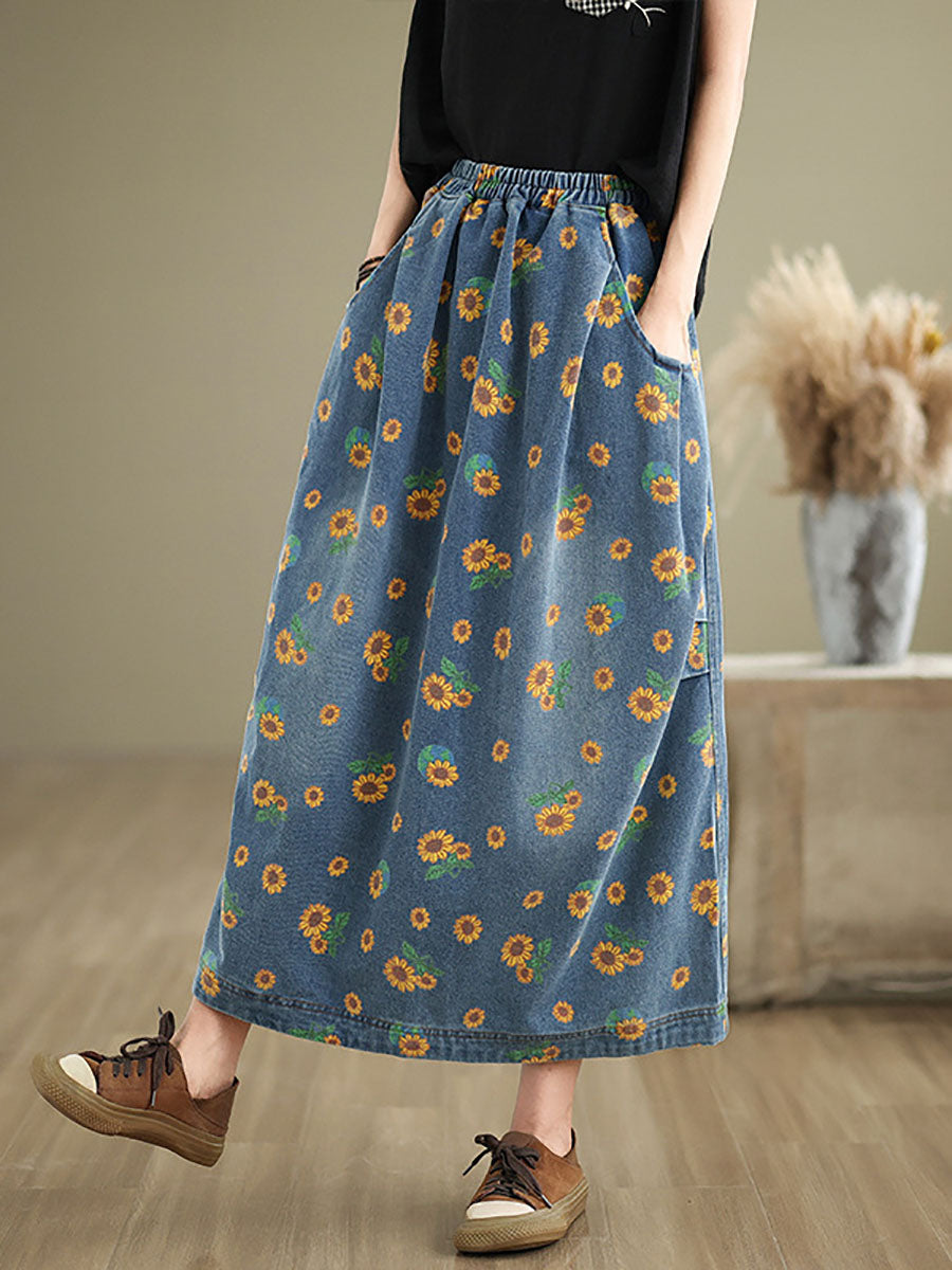 Women Casual Summer Sunflower Print Loose Skirt