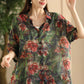 Women Summer Vintage Flower Patch Spliced Ramie Shirt