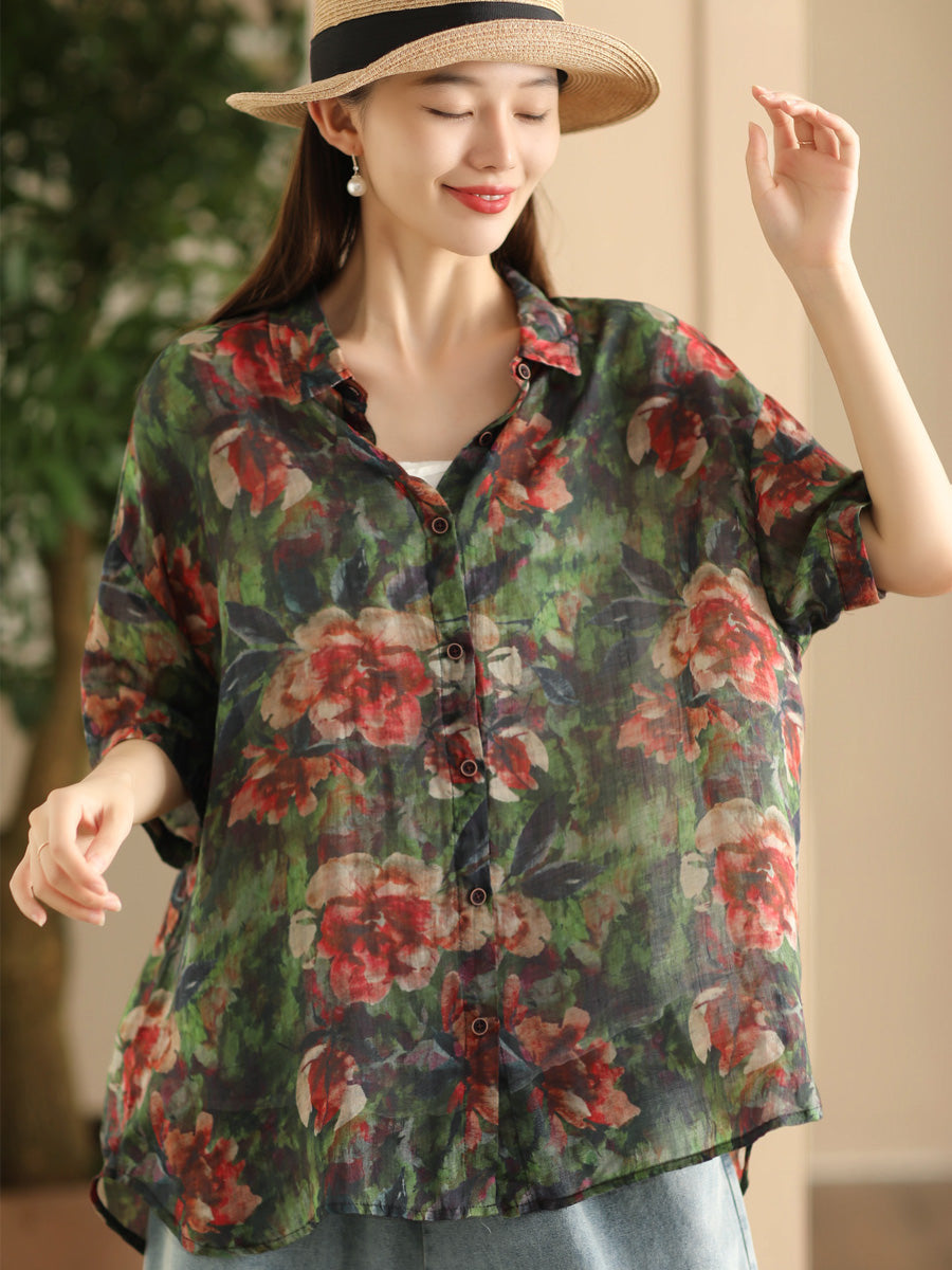 Women Summer Vintage Flower Patch Spliced Ramie Shirt