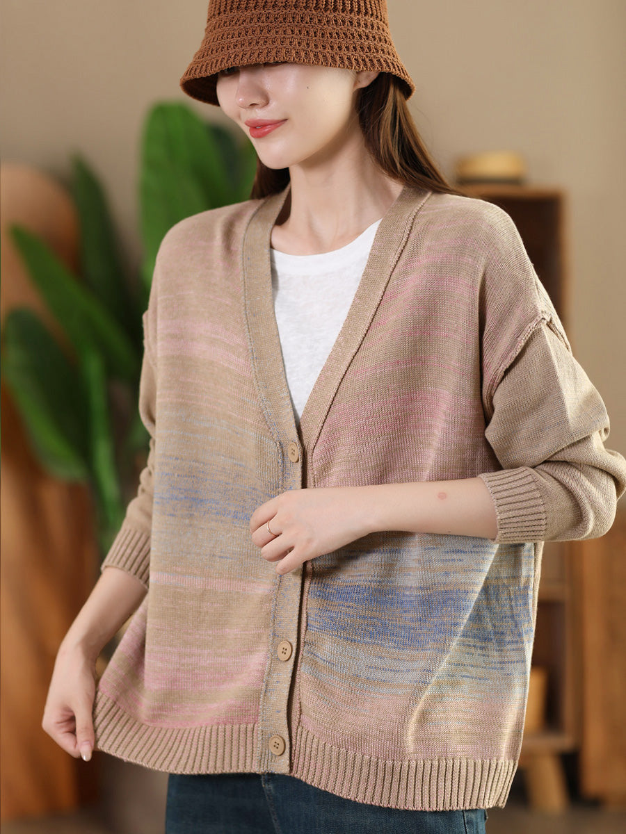 Women Autumn Artsy Colorful Knit V-Neck Cardigan Sweater