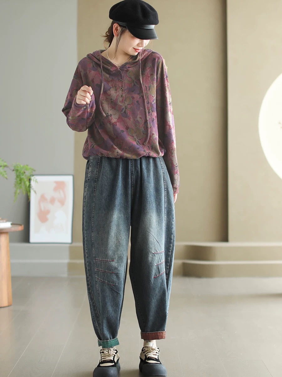 Women Autumn Artsy Spliced Denim Harem Pants