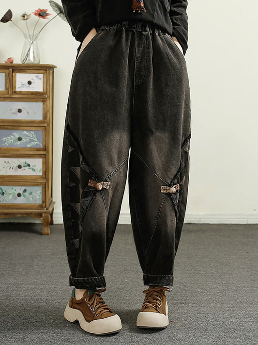 Women Autumn Patch Spliced Washed Denim Harem Pants