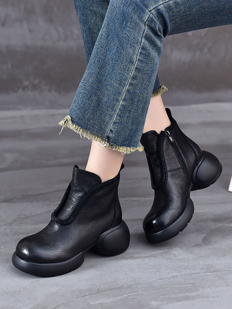 Women Winter Casual Solid Leather Zipper Platform Boots