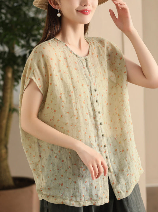 Women Summer Artsy Floral Button-up Ramie Shirt