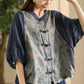 Women Summer Vintage Flower Spliced Button-up Ramie Shirt