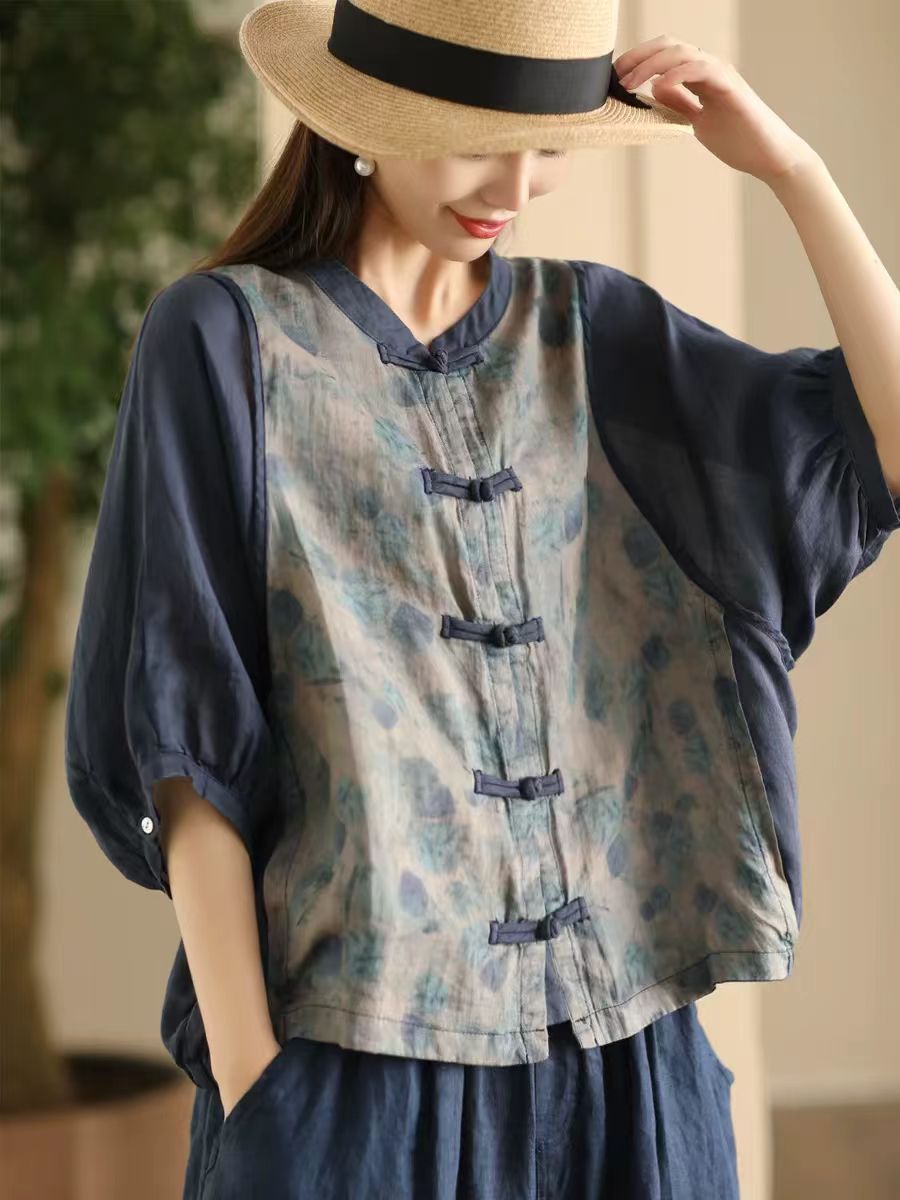 Women Summer Vintage Flower Spliced Button-up Ramie Shirt