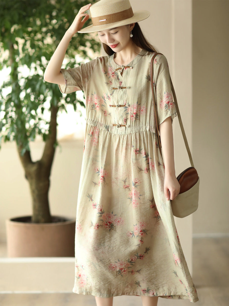 Women Summer Artsy Floral Button O-Neck Dress