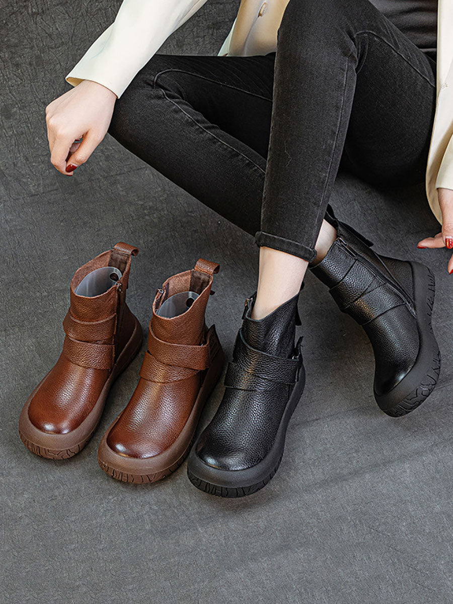 Women Vintage Genuine Leather Spliced Flat Ankle Boots