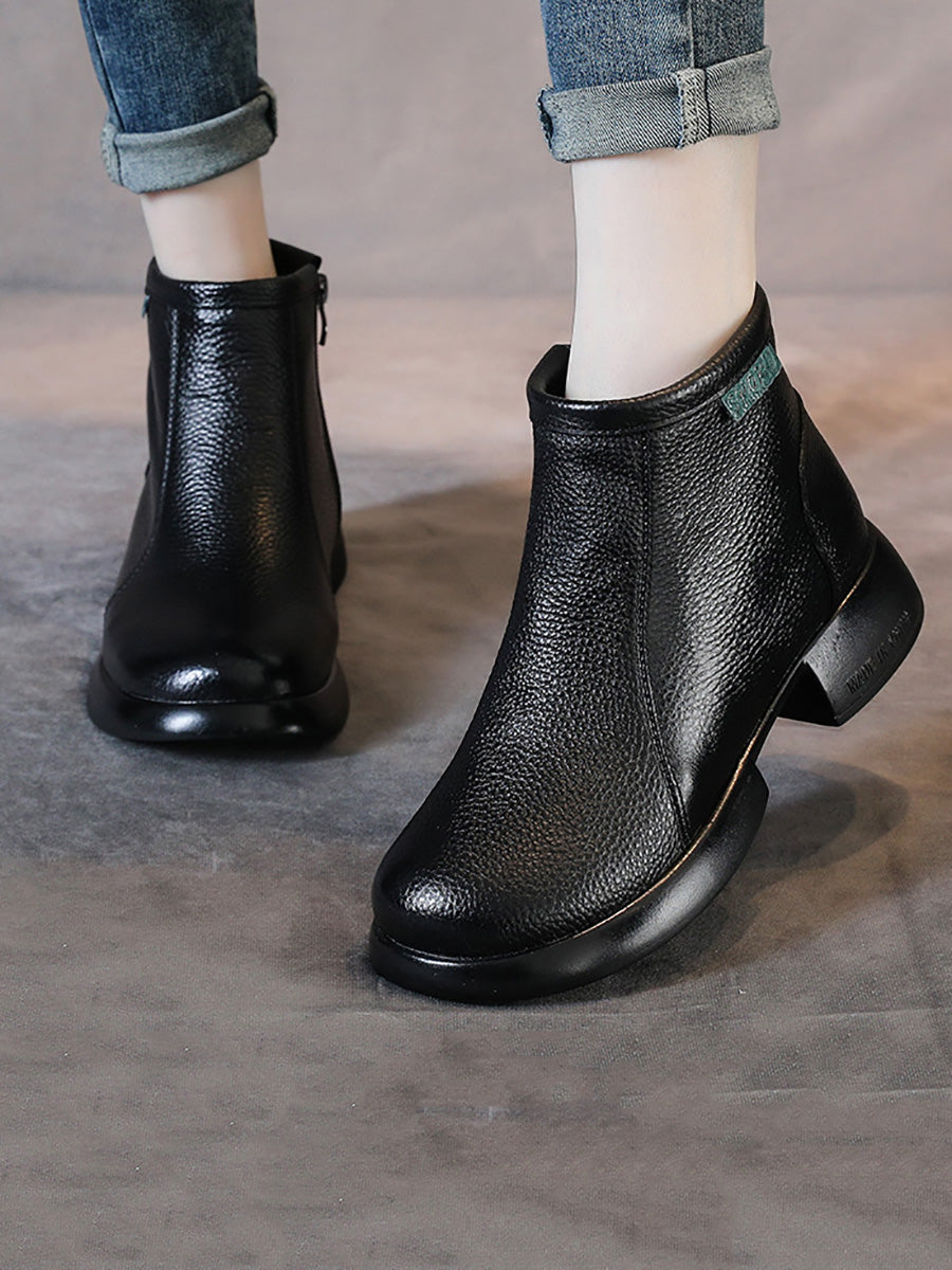 Women Vintage Commute Leather Zipper Mid-Heel Boots