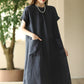 Women Summer Casual Solid Pocket O-Neck Linen Dress