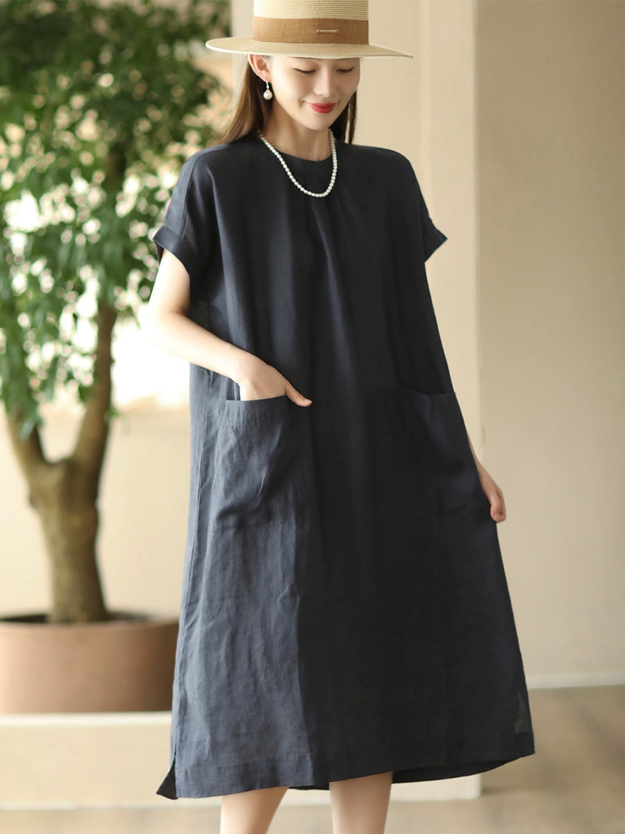 Women Summer Casual Solid Pocket O-Neck Linen Dress